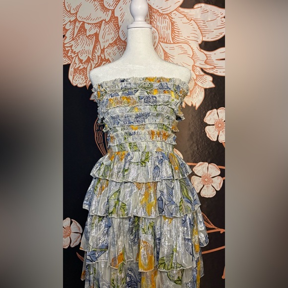 Metallic Strapless Ruffled Floral & Lemon Print Mini Dress - Picture 3 of 6